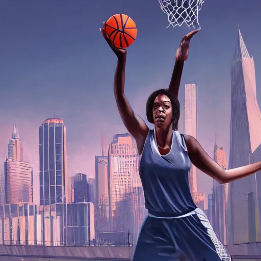 Image similar to tall woman playing basketball, city in background, moody atmosphere, digital art, highly detailed, high contrast, beautiful lighting, award winning, trending on art station, photorealistic, 8 k,