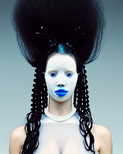 Image similar to portrait of a woman wearing a white embroidered translucent silicone mask and white blue frizzy hair buns, wearing a black bodysuit by alexander mcqueen, cream white background, soft diffused light, biotechnology, humanoide robot, bjork aesthetic, translucent, by rineke dijkstra, intricate details, highly detailed, masterpiece,