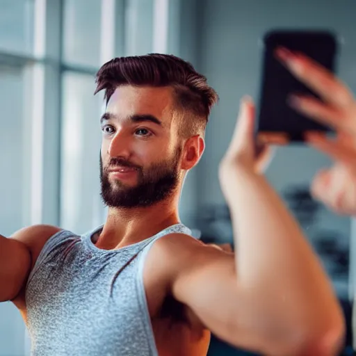 Image similar to rich young man, 3 2 years old, with short stubble, caramel - colored hair, muscles wrapped in polyester tank top, silver short leggings, taking selfie at camera in private gym