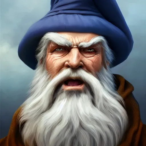 Image similar to a kind old wizard with a long white beard looking a confused with a chicken perched on top of his hat, blue robe, realistic, detailed, trending on ArtStation, by Tony Sart