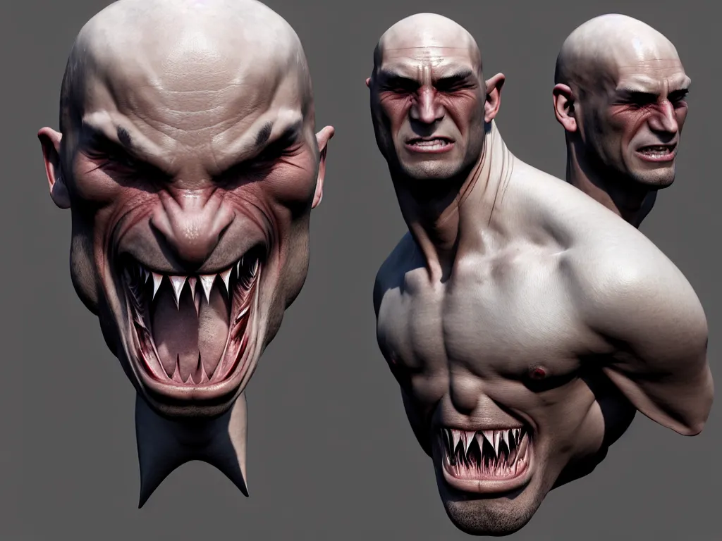 Image similar to game concept art, muscular, lice head, chiroptera head, chiroptera ears, shark teeth, hyperrealism, artstation, cgsociety, zbrush, no background