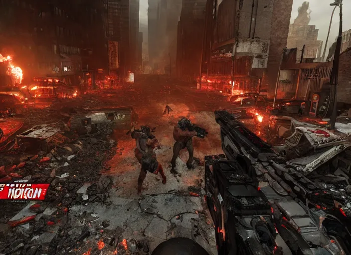 Image similar to duke nukem battling his way through a destroyed new york, a hord of pigmen are chasing, during the night, rain, street fires, pigsoldiers, rendered in cryengine, volumetric lighting, rtx on