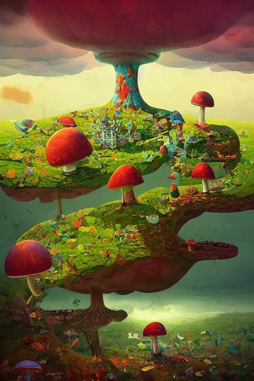 Image similar to surreal mushroom kingdom, floating island in the sky, waterpipes in the ground, summer morning, very coherent and colorful high contrast, art by!!!! gediminas pranckevicius!!!!, geof darrow, dark shadows, hard lighting