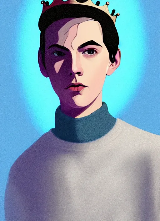 Image similar to portrait of teenage jughead jones wearing a light grey crown, crown, blue turtleneck, 1 9 5 0 s, closed eyes, photorealistic, black hair, glowing lighting, intricate, elegant, glowing lights, highly detailed, digital painting, artstation, concept art, smooth, sharp focus, illustration, art by wlop, mars ravelo and greg rutkowski