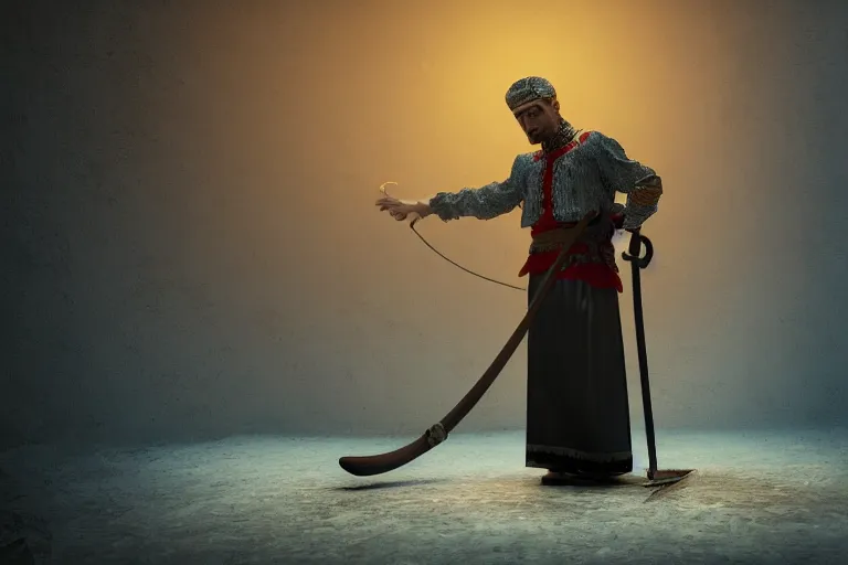 Image similar to theatre stage, romanian man in traditional romanian clothing with scythe, traditional romanian clothing, concept art, dramatic lighting, beautiful, volumetric lighting, colorful, octane render