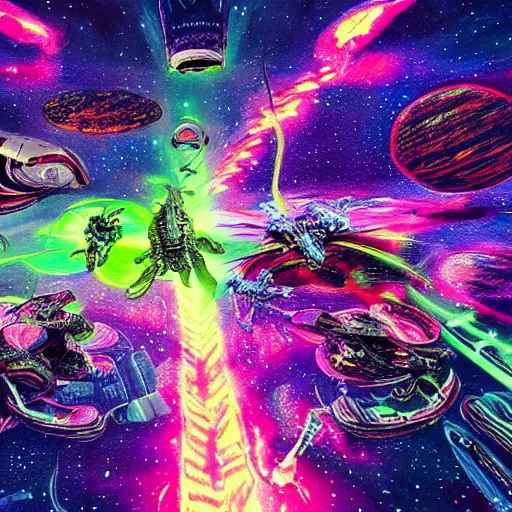 Prompt: an alien battle in space, epic, intricate, ultra detailed, intricate, 8 k, neon colors, in the style of mark cooper