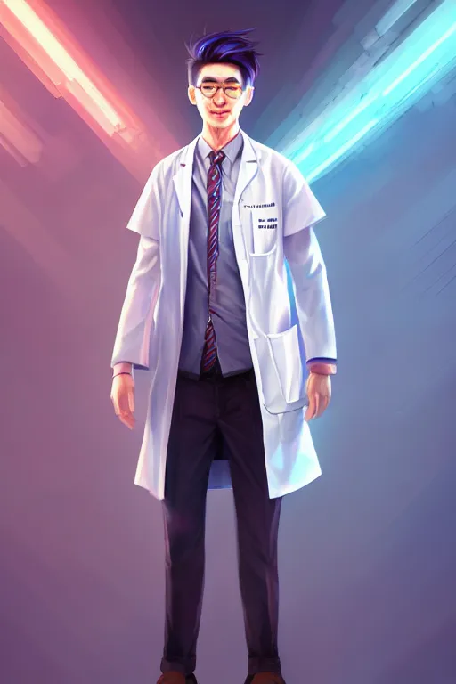 Prompt: character design, a handsome young doctor with silver hair, chinese mixed canadian ancestry, blurred environment background, colorful magic effects, white skin, portrait, male, clothed, sharp focus, digital art, concept art, trending on artstation, dynamic lighting, by emylie boivin and rossdraws