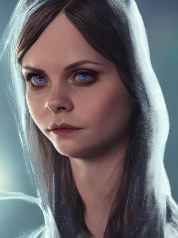 Image similar to portrait art of Christina Ricci, elf ears, 8k ultra realistic , lens flare, atmosphere, glow, detailed,intricate, full of colour, cinematic lighting, trending on artstation, 4k, hyperrealistic, focused, extreme details,unreal engine 5, cinematic, masterpiece