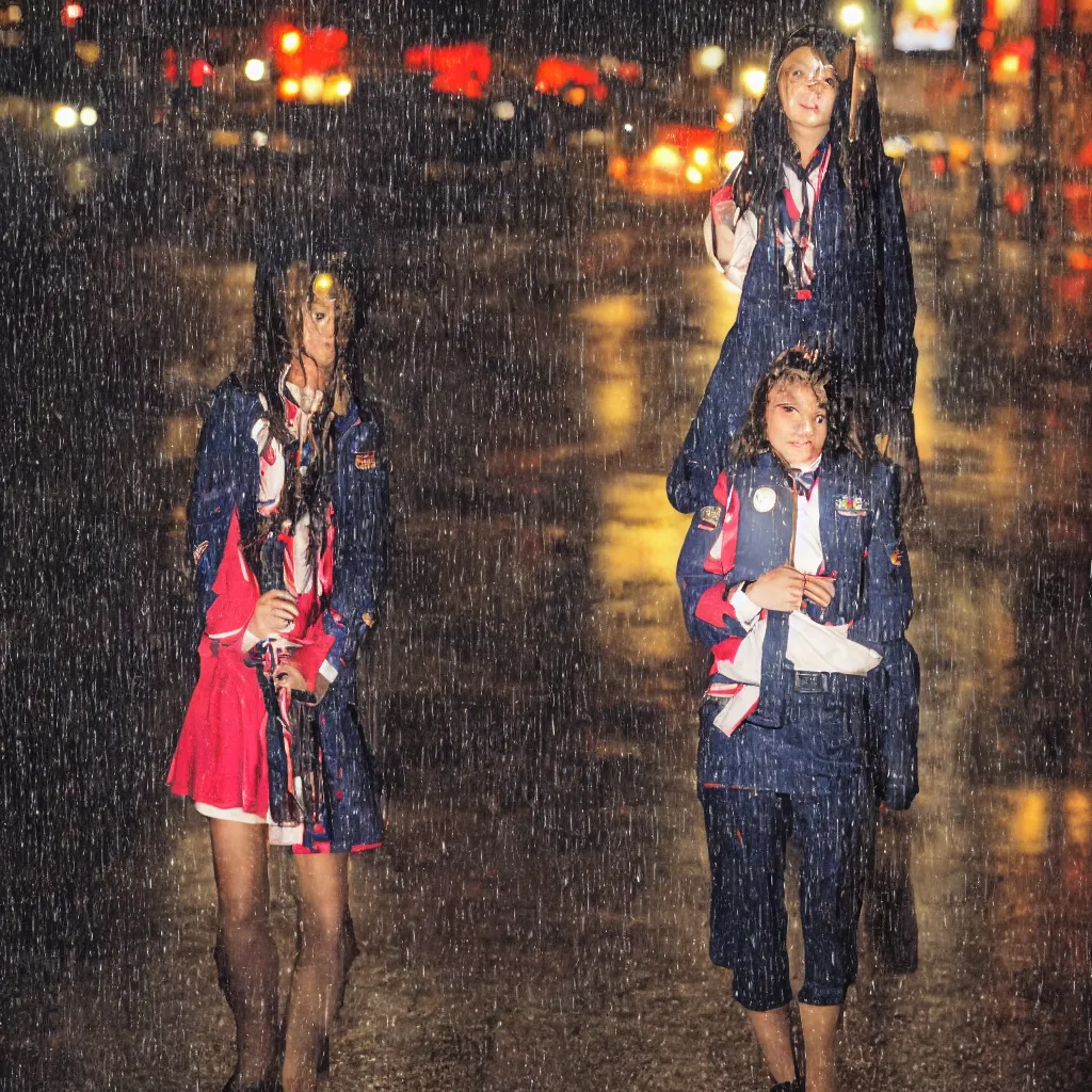 Image similar to night flash portrait photography of a high school girl in uniform on the lower east side by annie leibovitz, colorful, nighttime!, raining!