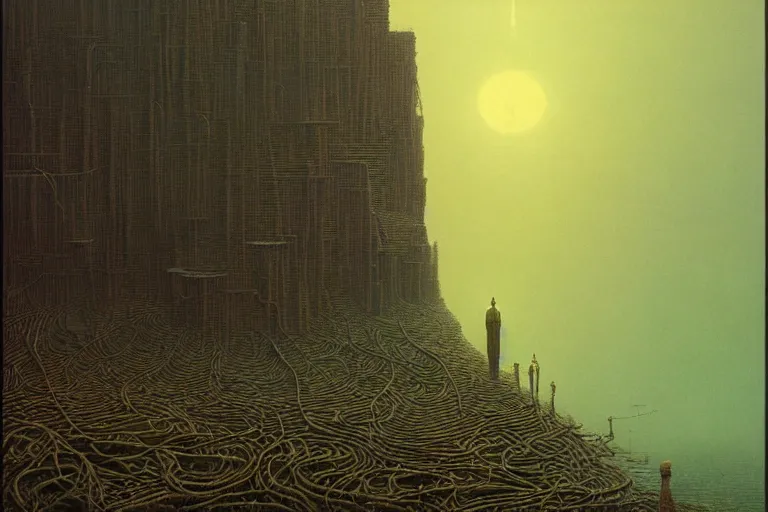 Image similar to a surreal and awe - inspiring sciende fiction landscape, intricate, elegant, highly detailed matte painting by beksinski and simon stalenhag