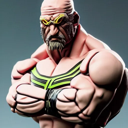 Image similar to Full body shot of a highly detailed flexible Triple H vinyl plastic figurine as a villain, highly detailed face, white background, 3d, high quality, depth of field, high contrast, 8k, concept art, smooth, sharp focus, highly detailed, wrestling, WWE