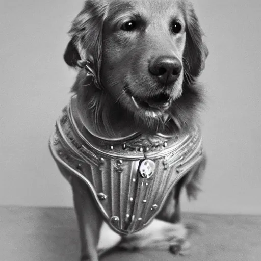 Prompt: portrait of a golden retriever wearing armour in victorian london, wearing sunglasses 8 k