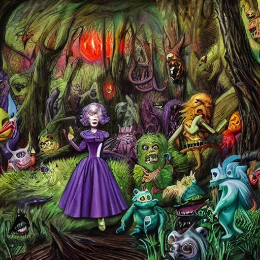 Image similar to a scene of colorful cartoon monsters in the clearing of a dark fantasy forest surrounded by darkness. hyperrealist illustration. muted colors. 1 9 7 0's pulp science fiction and fantasy cartoon for alice in wonderland and wizard of oz. highly detailed and richly colored painting by don ivan punchatz. trending on artstation