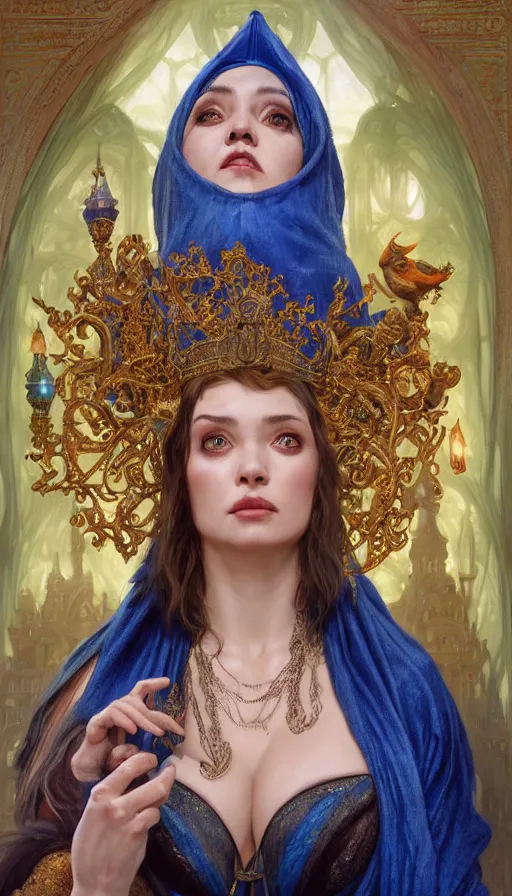 Prompt: a very ugly woman as a sorceress, passionate, seductive, sweaty, intricate dressed in ornate blue robes and staff, lovely, intricate, highly detailed, digital painting, artstation, concept art, karma sutra, smooth, sharp focus, illustration, unreal engine 5, 8 k, art by artgerm and greg rutkowski and alphonse mucha