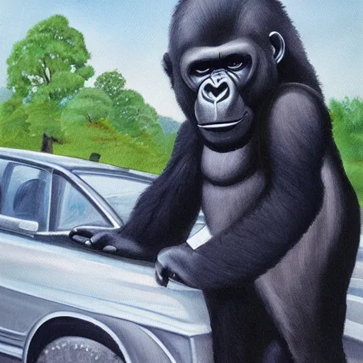 Prompt: landscape painting with a gorilla in a suit selling a Volvo 740, high detail