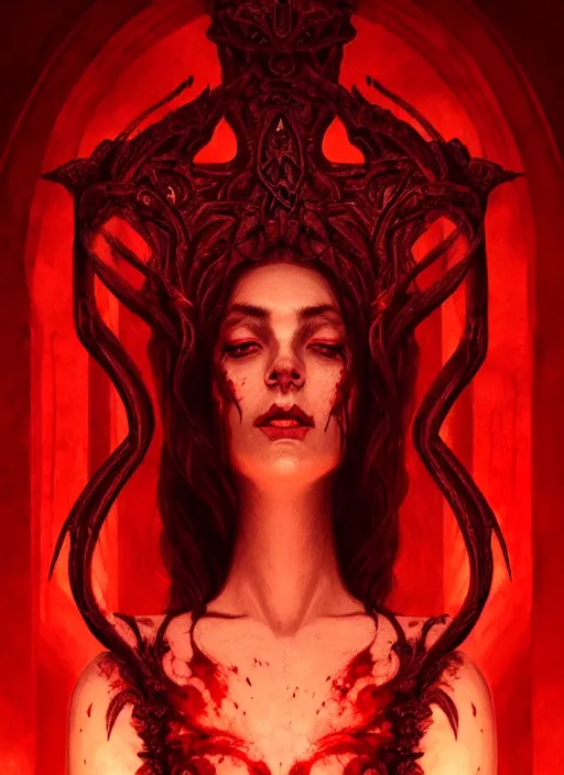 Prompt: portrait of a beautiful demon in a flowing dress made of blood, carving glowing bloody runes into a profane altar, intricate, elegant, highly detailed, digital painting, artstation, concept art, smooth, sharp focus, illustration, art by wlop, mars ravelo and greg rutkowski