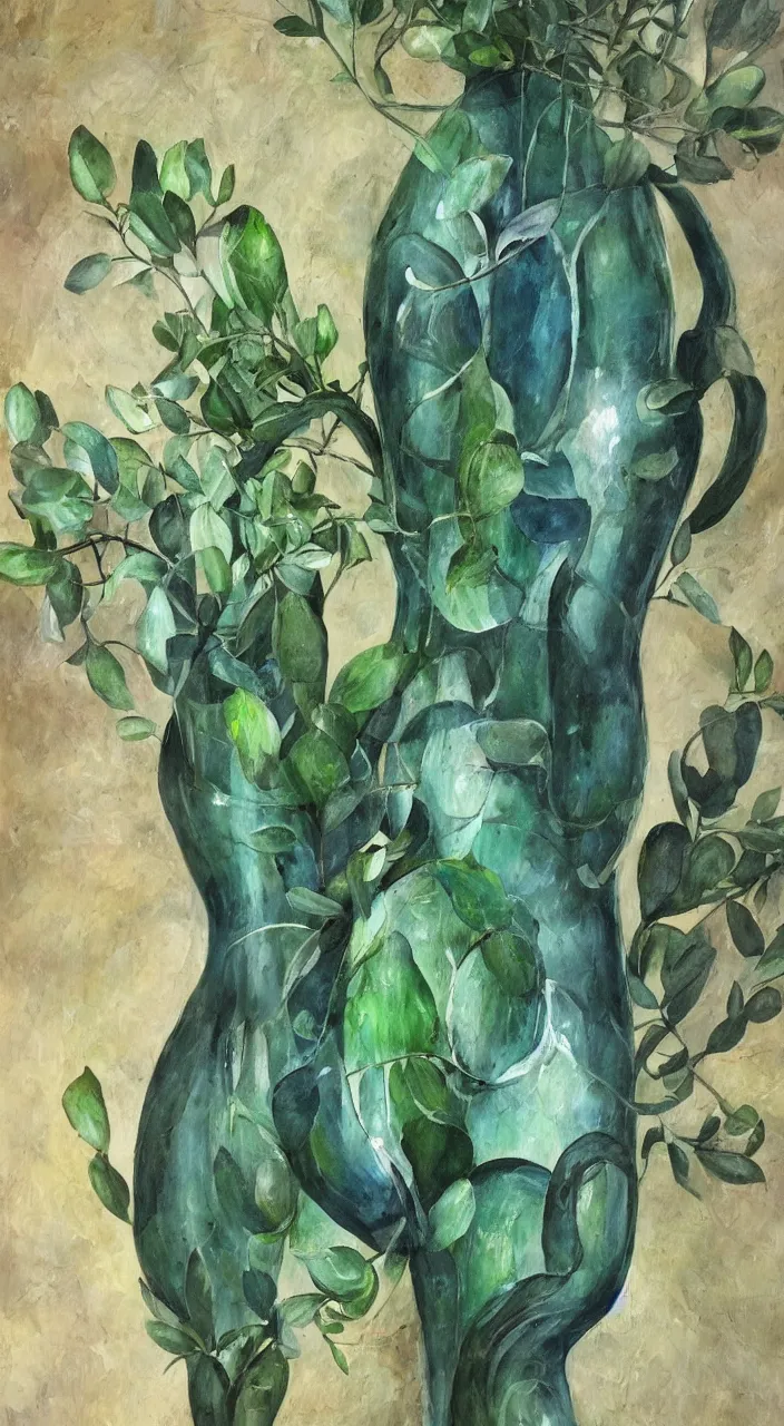 Image similar to a biomorphic ceramic still distilling eucalyptus into green oil, flowing, amphora, alchemical still, brush stroke, romantic painting, dynamic lighting