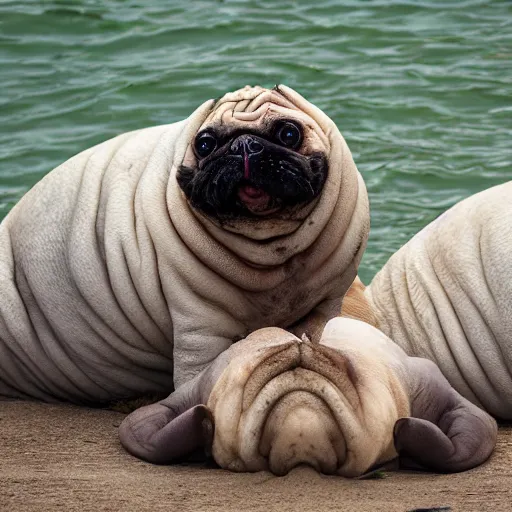 Image similar to a Walrus-Pug Hybrid, A Walrus that looks like a pug, huge tusks, afternoon hangout, good times photograph, candid