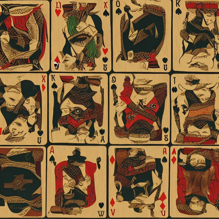 Prompt: four jacks playing cards, painted in the style of franz sedlacek