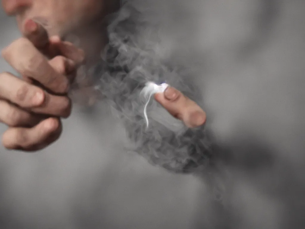 Prompt: Close-up front view of hyperrealistic thin soft hand holding cigarette with smoke, hyper realistic photo, 4K