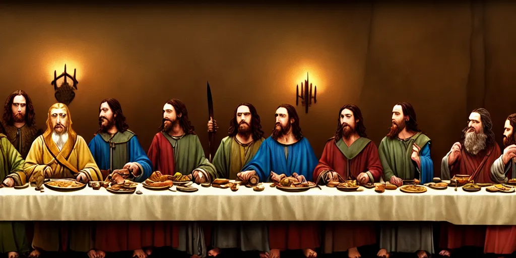 Prompt: lord of the rings last supper by wes anderson, digital painting, trending on artstation, sharp focus, 4 k