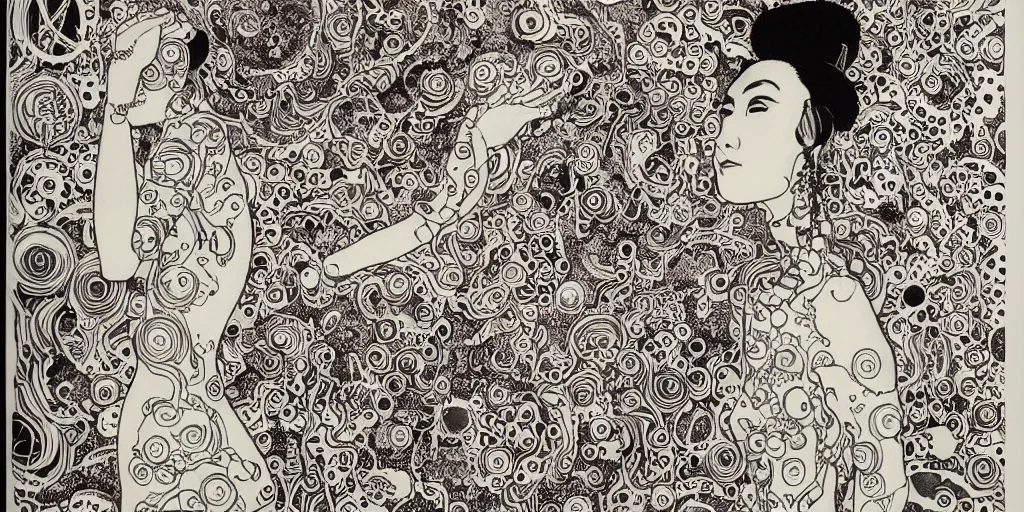 Prompt: portrait of a cyborg drawn by audrey kawasaki, draped in ornate patterned curtains, by wassily kandinsky and gustav klimt and goergia o'keeffe, ink and charcoal on paper
