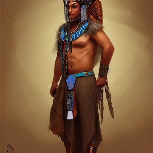 Prompt: a man in a costume with feathers on his head, egyptian art by senior character artist, cgsociety, fantasy art, made of feathers, egyptian art, concept art