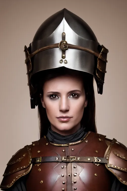 Image similar to female medieval soldier wearing leather armor, brown hair, by louis vuitton, luxury materials, symmetrical, cinematic, elegant, professional studio light, real dlsr photography, sharp focus, 4 k, ultra hd, sense of awe, high fashion