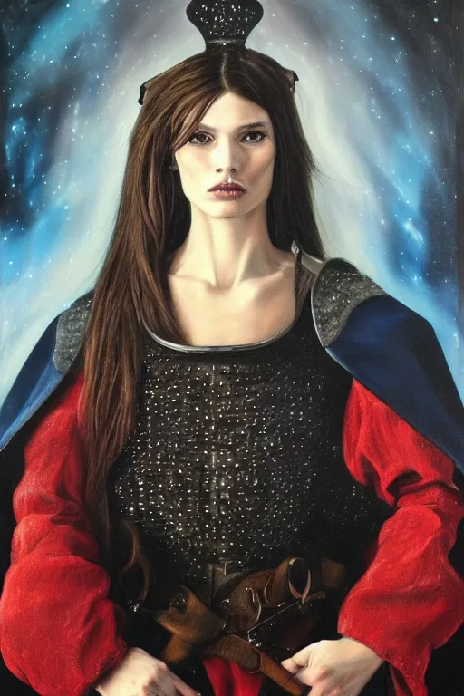 Image similar to hyperrealism oil painting, close - up portrait of european medieval brunette vampire fashion model, knight, steel gradient mixed with nebula sky, in style of baroque