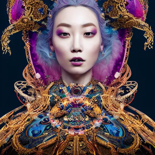 Image similar to a beautiful empress portrait, with a brilliant, impossible striking big cosmic galaxy headpiece, clothes entirely made out of cosmos chaos energy, symmetrical, dramatic studio lighting, rococo, baroque, jewels, asian, hyperrealism, closeup, D&D, fantasy, intricate, elegant, highly detailed, digital painting, artstation, octane render, 8k, concept art, matte, sharp focus, illustration, art by Artgerm and Greg Rutkowski and Alphonse Mucha