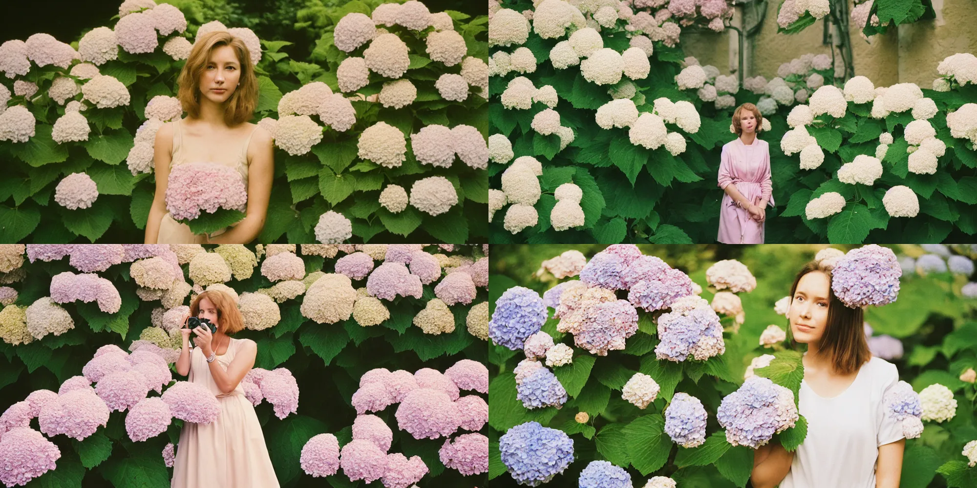 Prompt: photograph of a beautiful!!! woman in a hydrangea garden! by mark owen. pastel colors. portra 4 0 0 film. mamiya 7. highly detailed. hq. photoreal. golden hour. raw. in - frame