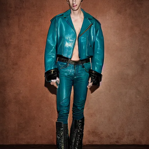 Prompt: an award - winning editorial photo of a male model wearing a teal distressed baggy medieval cropped leather menswear jacket by alexander mcqueen, 4 k, studio lighting, wide angle lens