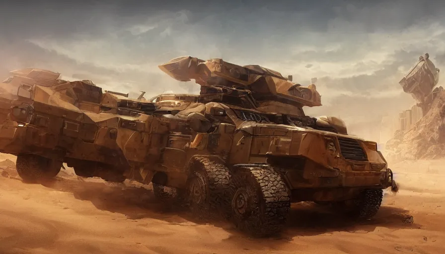 Prompt: an image of an armored vehicle in the desert with blue headlights on by Paul Chadeisson, atmospherical, concept art, high detail, intimidating , cinematic, sun flare, Artstation trending, octane render