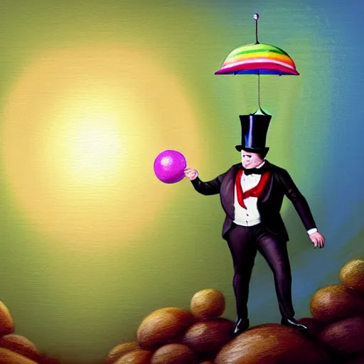 Prompt: 3 d concept art, realistic, of a excessively rotund man juggling twinkies, cycling upon a tight rope in the rain, at night, in a top hat and suit, holding a rainbow umbrella, oil painting, knife palette, with a jolly expression, misty, cobblestone background, victorian, masters painting