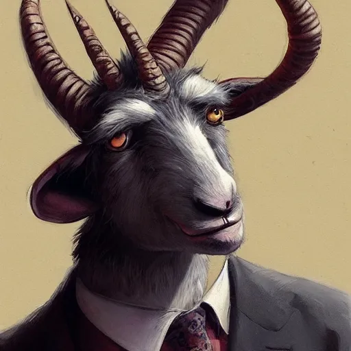 Image similar to award winning character art commission of an anthro furry humanoid goat smoking a cigar, three piece suit, character concept design, painting, detailed, vivid, trending on artstation, art by greg rutkowski