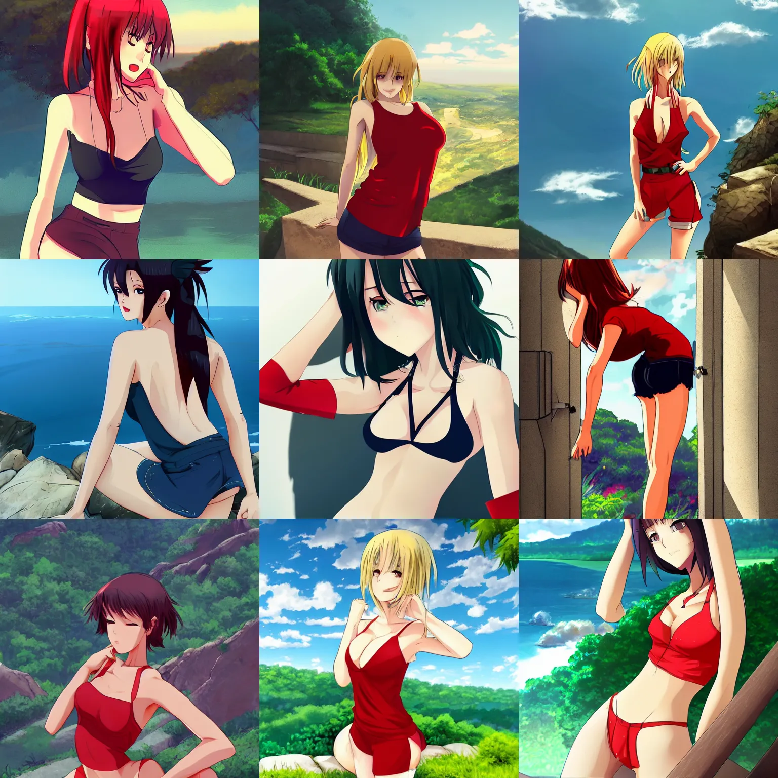 Prompt: sexy girl wearing a low cut tanktop and shorts, bending down slightly, hand on hips, luscious red lips, scenic view, high definition anime art