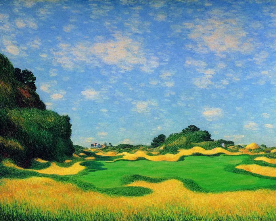 Prompt: achingly beautiful painting of bandon dunes par 3 by rene magritte, monet, and turner.