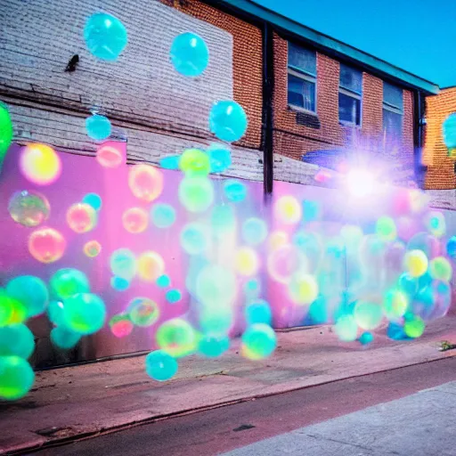 Prompt: a sidewalk covered in soap in front of a soap factory with a lit neon sign saying'soap factory ', bubbles float through the air