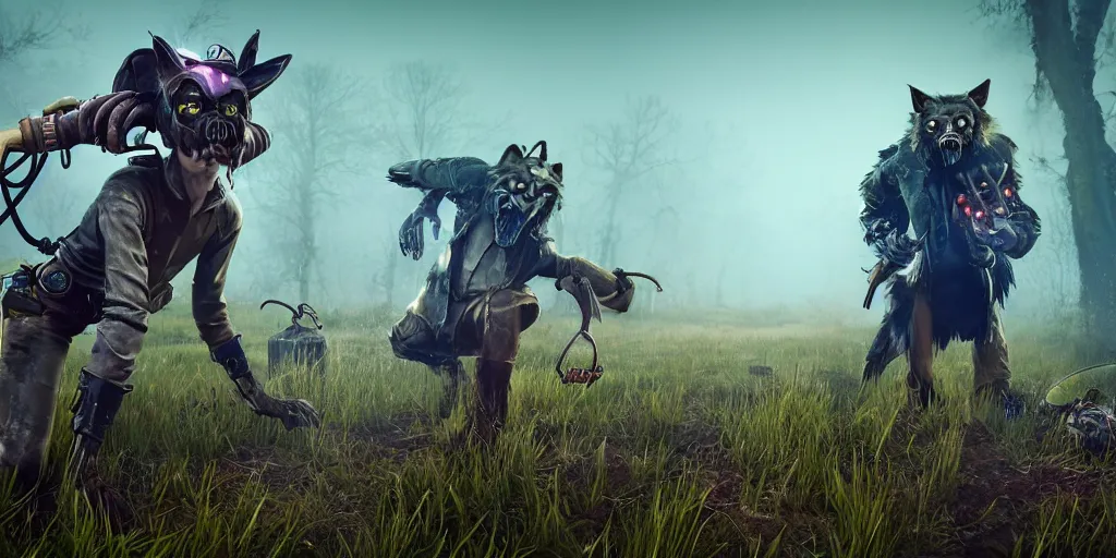 Prompt: gamekeeper wearing a steampunk and neonpunk mechanical fluorescent mystical animal mask in strange misty estuary landscape fight with werewolf, night, realism in style of fornite game, 4 k, octane render, award winning photograph, epic cinematic shot, perfectly defined features, ambient occlusion