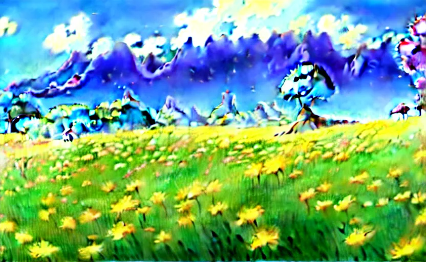 Image similar to fantastic anime sunny meadow with flowers, lone old Oak in the middle plane and mountains on the background, by Hayao Miyazaki, Nausicaa, Ghibli, Breath of the wild, Anime wallpaper