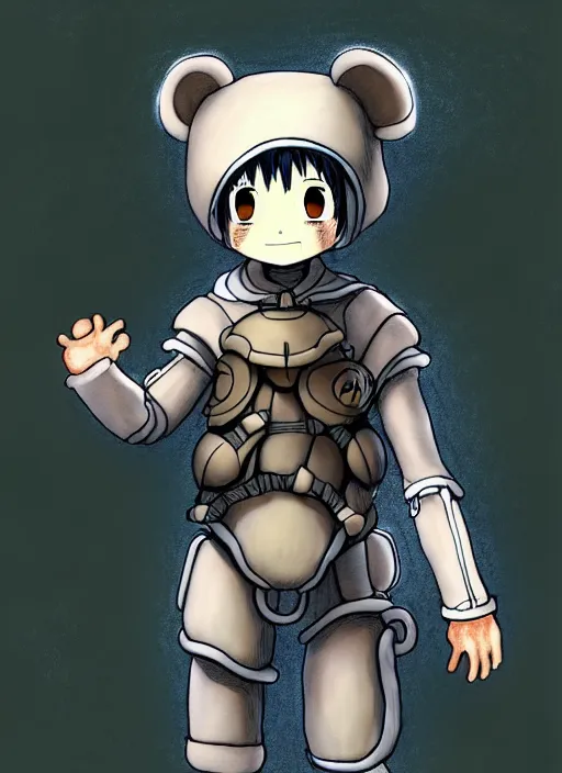 Image similar to beautiful little boy wearing an cyborg bear suit, artwork in kentaro miura and made in abyss and rosdraws, smooth, beautiful lightness, anatomically correct, trending on pixiv, forest