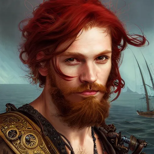 Prompt: portrait of a young rugged pirate, male, handsome, masculine, full body, red hair, long hair, d & d, fantasy, intricate, elegant, highly detailed, steampunk, airship, digital painting, artstation, concept art, matte, sharp focus, illustration, art by artgerm and greg rutkowski and alphonse mucha