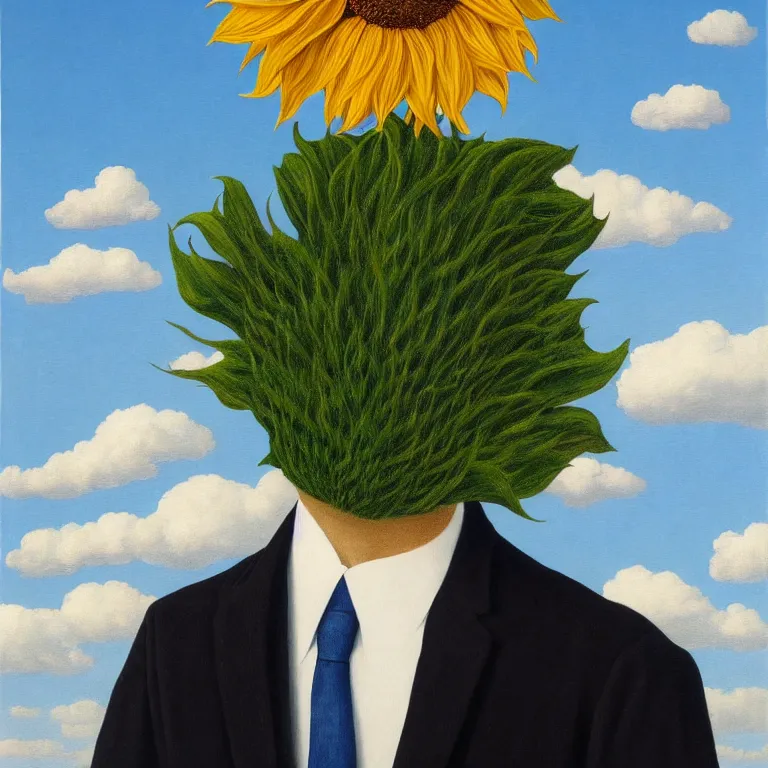 Image similar to portrait of a faceless sunflower - head man in a suit, clouds in the background, by rene magritte, detailed painting, distance, centered, hd, hq, high resolution, high detail, 4 k, 8 k