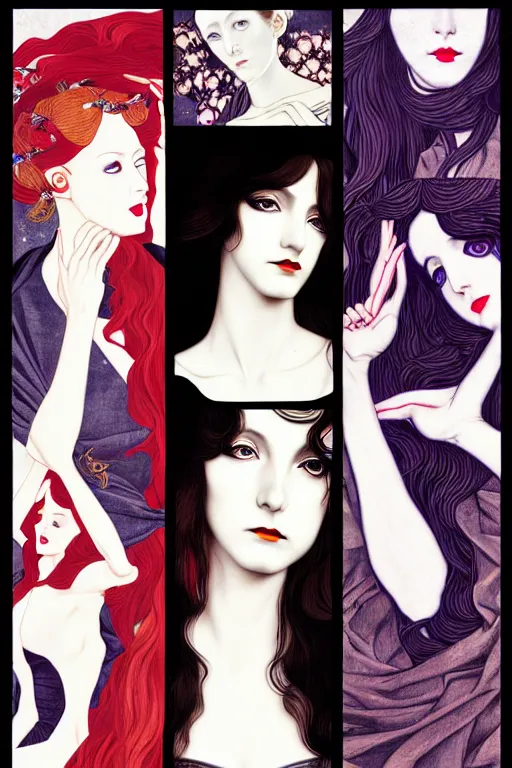 Image similar to triad of muses, representing the 3 winter months of december, january and february, style mix of æon flux, shepard fairey, botticelli, john singer sargent, pre - raphaelites, shoujo manga, harajuku fashion, stark landscape, muted dark colors, superfine inklines, ethereal, 4 k photorealistic