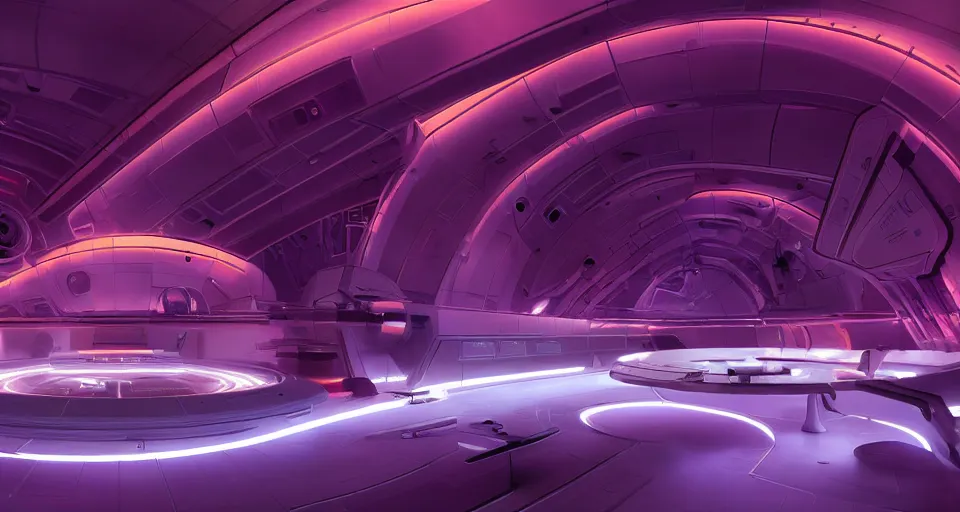 Prompt: a minimalist scifi portal to a nebula, bulbous zaha hadid space-station night club interior with neon lights and signs inspired by a nuclear reactor submarine and maschinen krieger, ilm, beeple, star citizen halo, mass effect, 2001 space odyssey, elysium, iron smelting pits, warm saturated colours, atmospheric perspective, dramatic sunset nebula