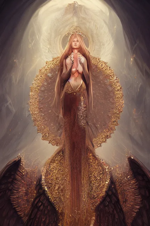 Image similar to A beautiful digital painting of a female Seraphim, intricate jewels, princess, intricate, cinematic lighting, highly detailed, digital painting, Artstation, concept art, smooth, sharp focus, illustration, art by Tom Bagshaw, Artgerm and Greg Rutkowski