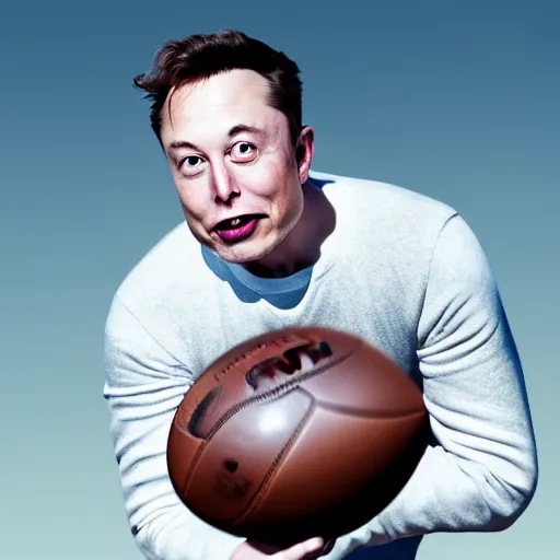 Image similar to elon musk taking a bite out of a football, highly detailed, extremely high quality, hd, 4 k, 8 k, canon 3 0 0 mm, professional photographer, 4 0 mp, lifelike, top - rated, award winning, realistic, detailed lighting, detailed shadows, sharp, no blur, edited, corrected, trending