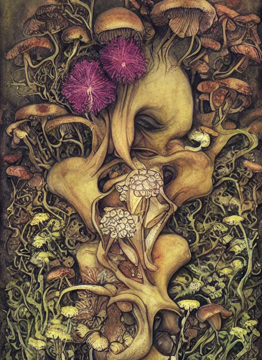 Prompt: arabesques grotesque painting with mushrooms, dandelions, crystals, faces, by james jean and hiroshi yoshida and brian froud, photo, textured