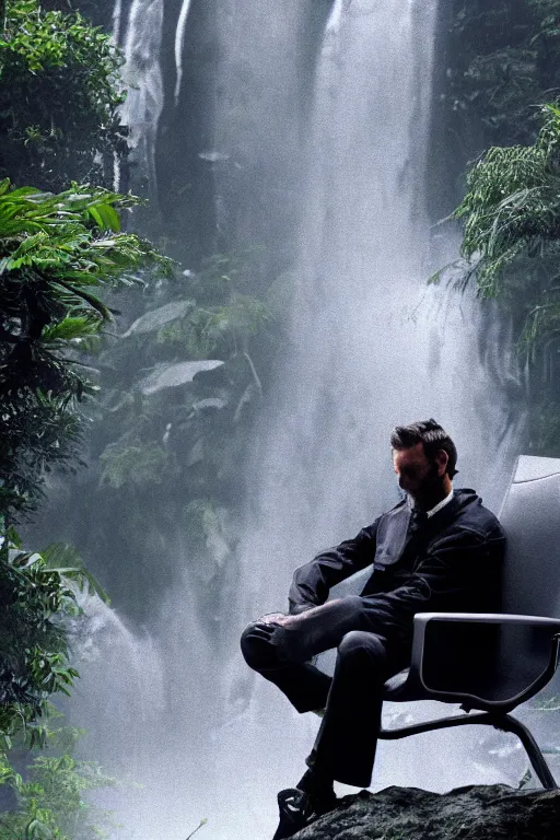 Image similar to movie closeup young man with a grey beard in a cyberpunk suit sitting on a futuristic chair at the edge of a jungle waterfall by emmanuel lubezki