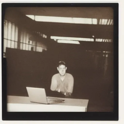 Image similar to a polaroid photo of man using a laptop inside in warehouse, he sitting on chair and small table, photo from behind